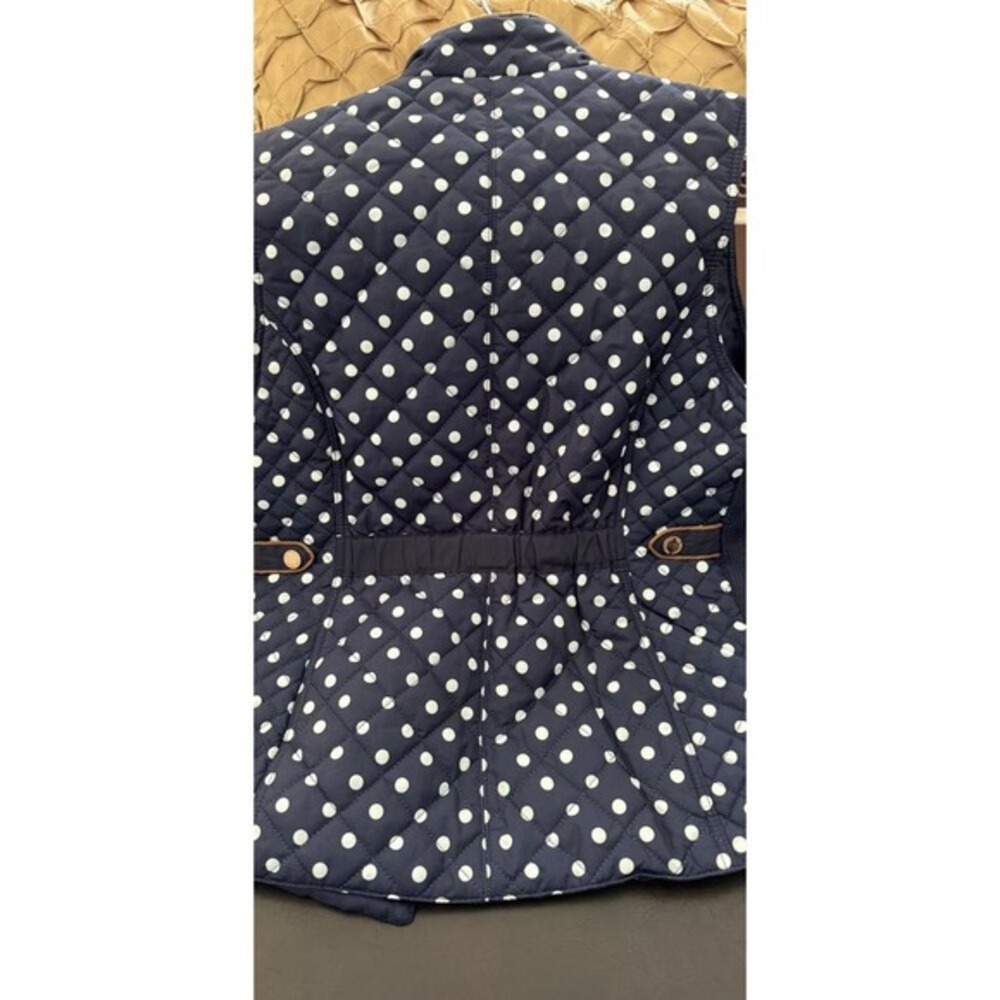 C'est Toi Polka Dot Quilted Puffer Vest, Navy Brown Trim Hiking Camping Size M - Picture 3 of 7
